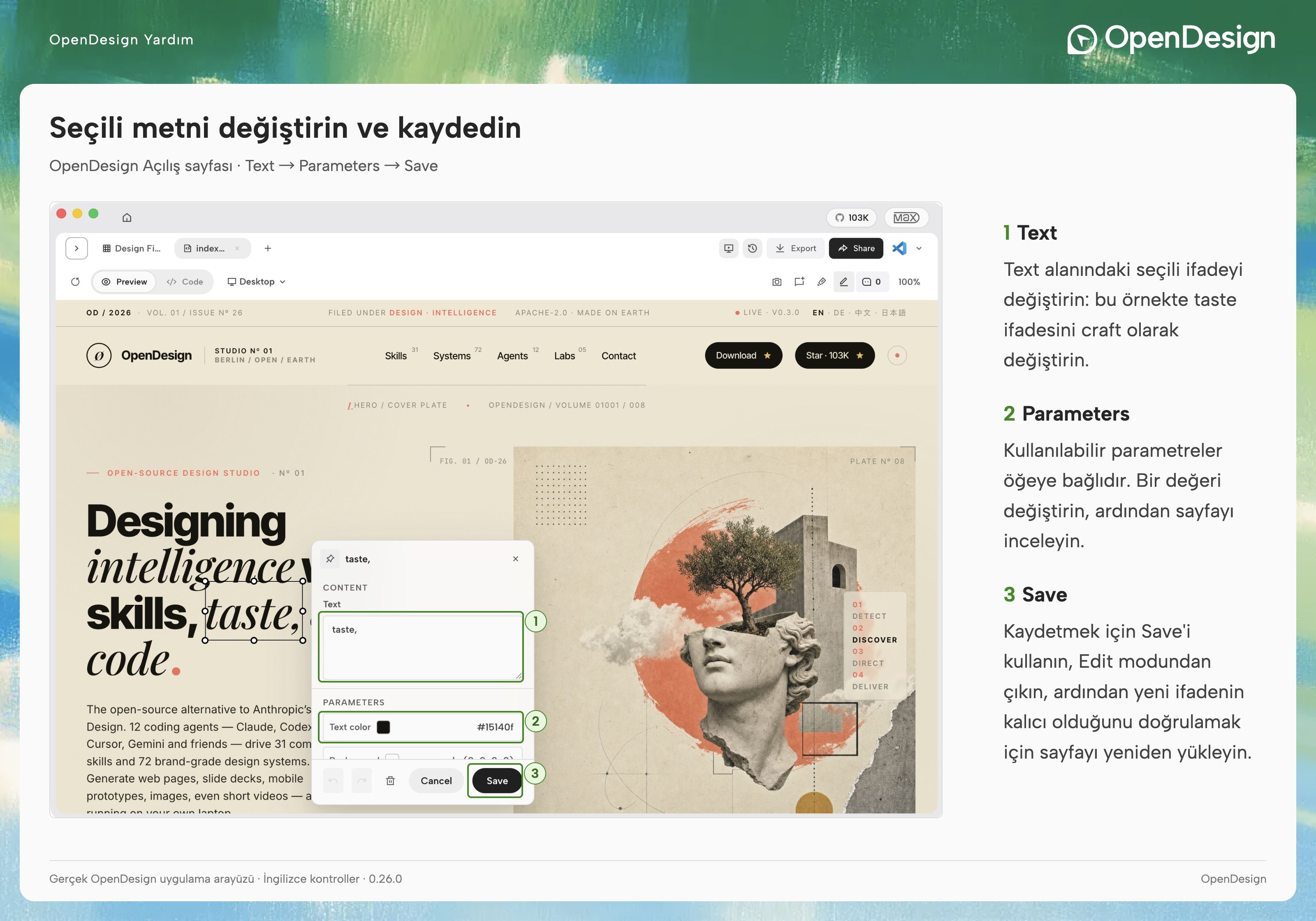 OpenDesign Landing düzenleyicisindeki Text, bağlamsal Parameters ve Save seçenekleri.