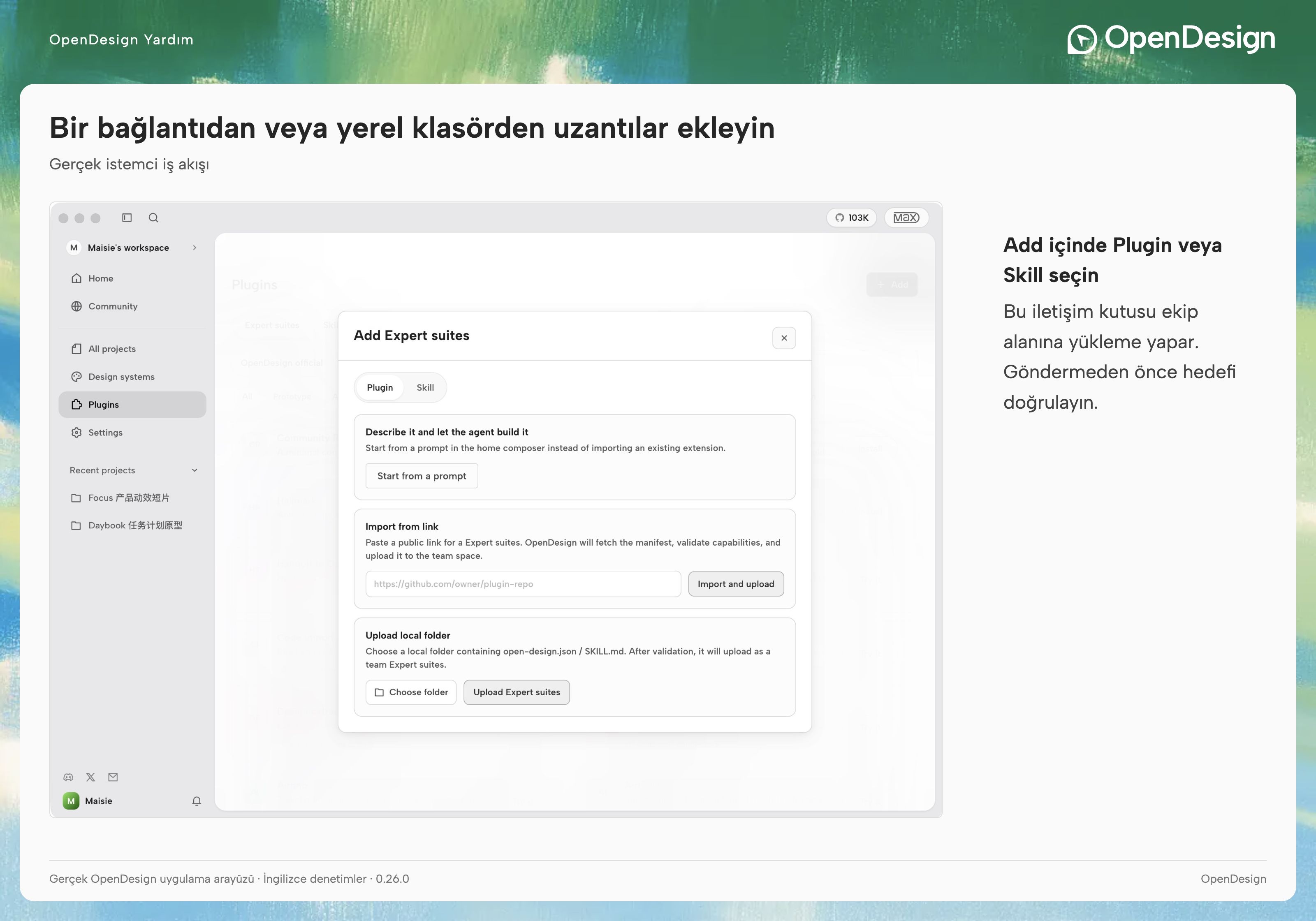 Plugin ve Skill seçenekleri, bağlantıdan içe aktarma ve yerel klasör yükleme seçeneklerini içeren Add iletişim kutusu.