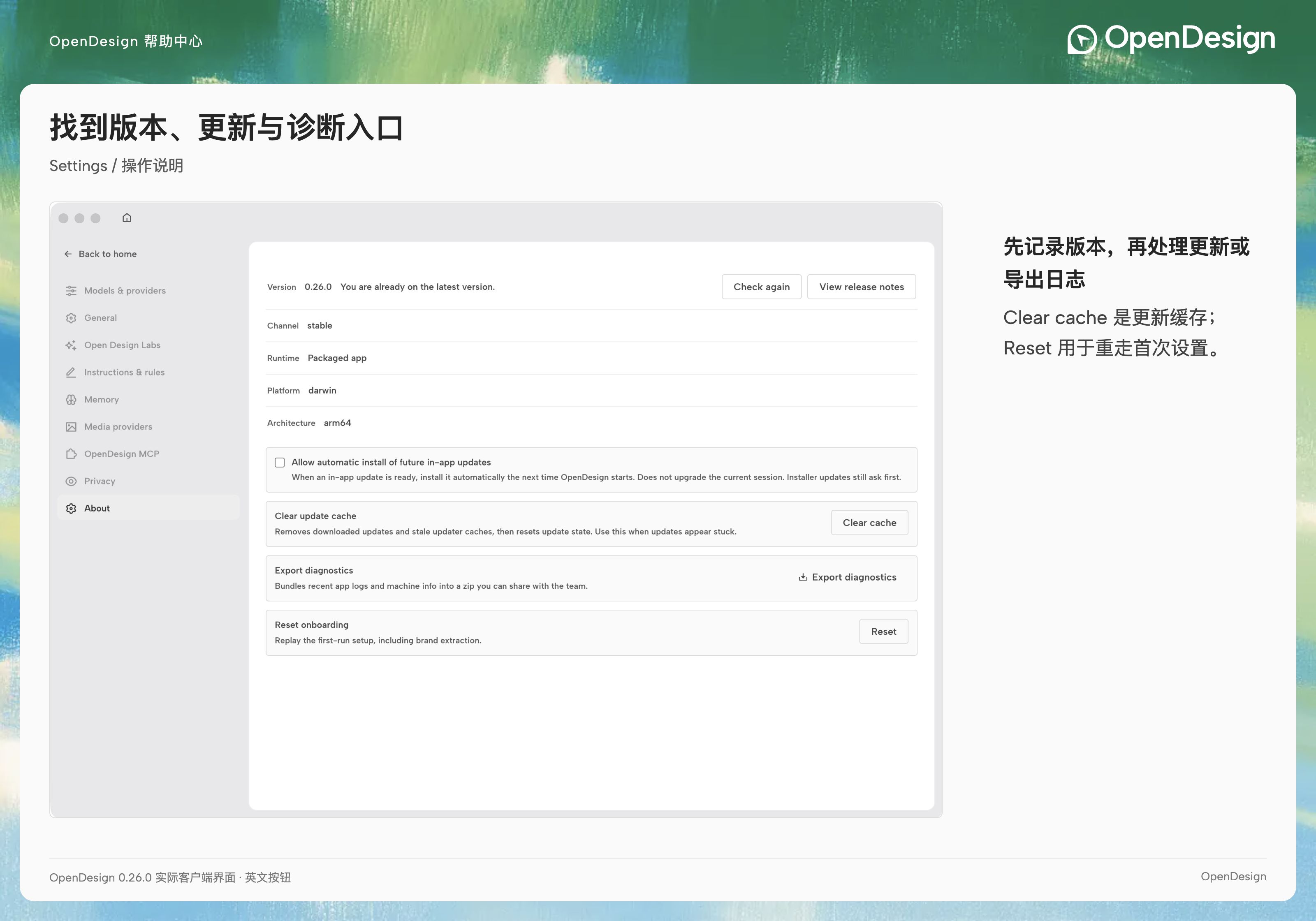 关于页面中的版本信息、更新操作与诊断入口
