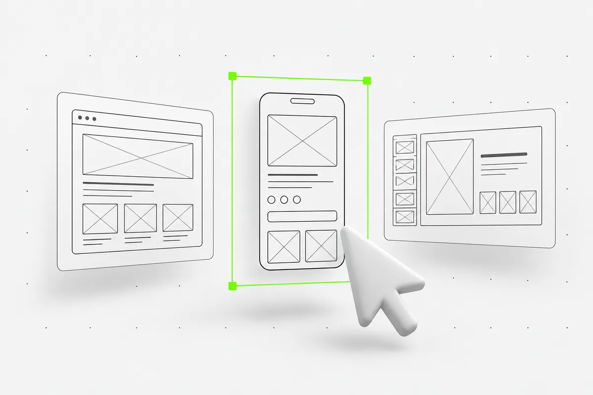 A cursor selects a mobile design from website, app and slide wireframes.