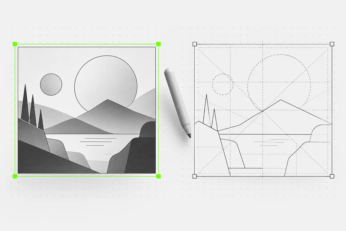 A finished visual reference sits beside a wireframe showing its underlying composition.