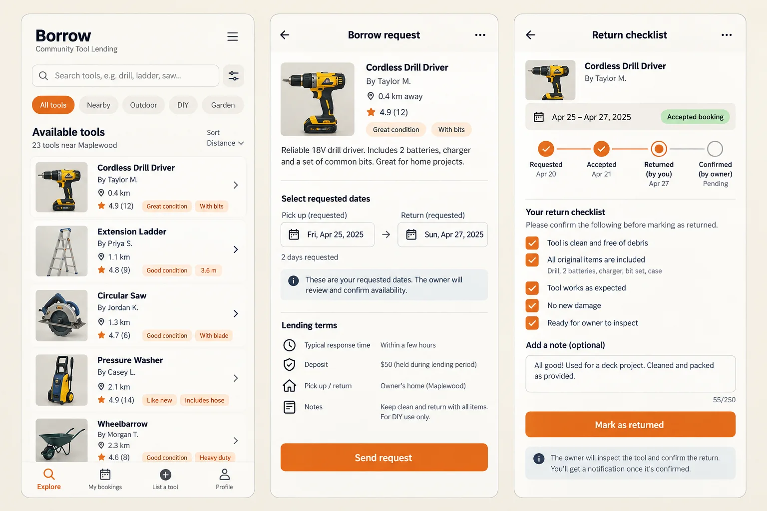 Borrow, a fictional community tool lending, showing available tools; borrow request; return checklist in three mobile app screens.