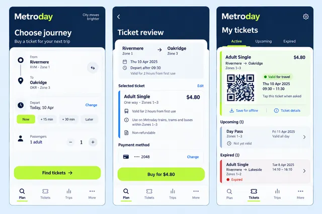 Metroday, a fictional commute ticket wallet, showing choose journey; ticket review; my tickets in three mobile app screens.