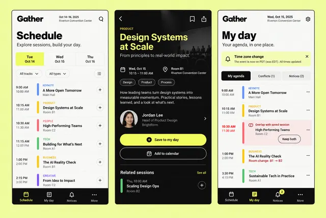 Gather, a fictional event companion schedule, showing schedule; session detail; my day in three mobile app screens.