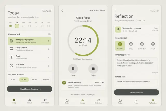 Still, a fictional focus session timer, showing today; focus session; reflection in three mobile app screens.