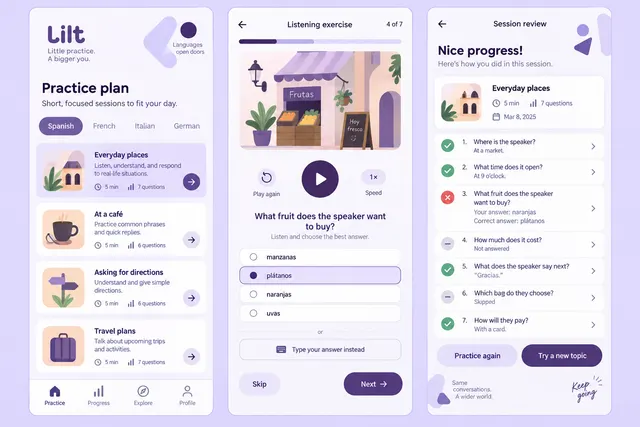 Lilt, a fictional language practice session, showing practice plan; listening exercise; session review in three mobile app screens.