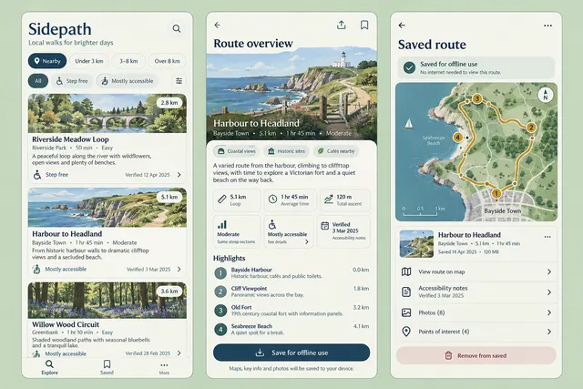 Sidepath, a fictional local walks discovery, showing nearby walks; route overview; saved route in three mobile app screens.