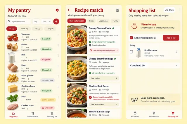 Pantry, a fictional pantry meal planner, showing my pantry; recipe match; shopping list in three mobile app screens.