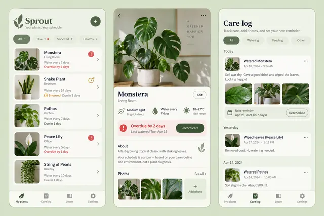 Sprout, a fictional plant care schedule, showing my plants; plant detail; care log in three mobile app screens.