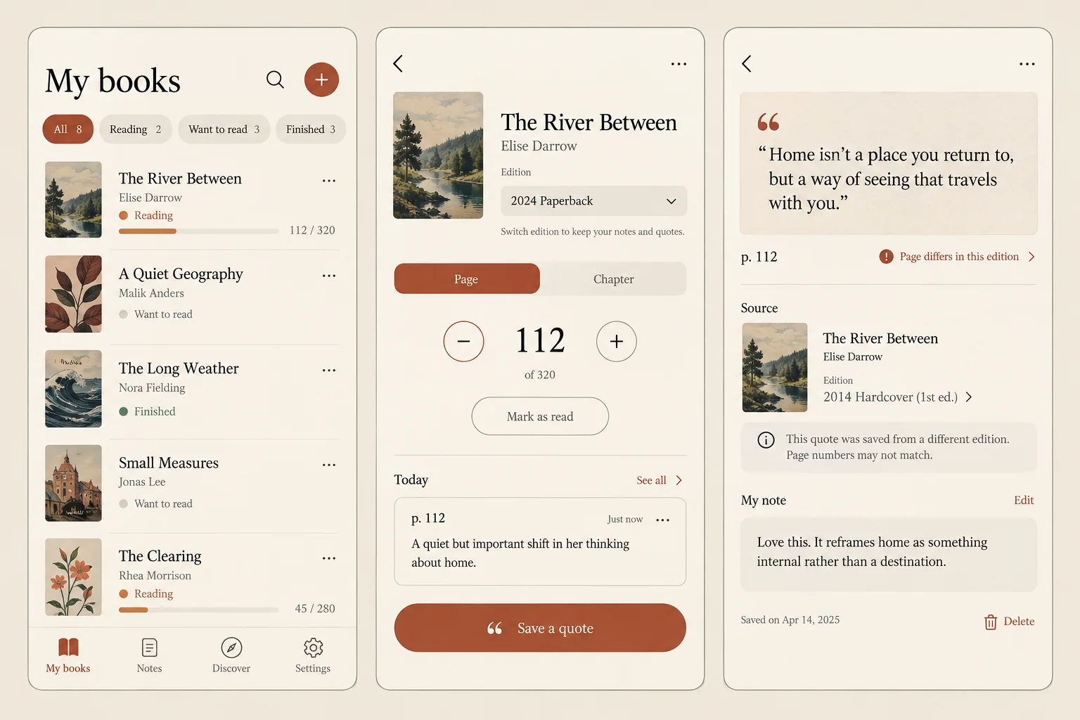 Margin, a fictional reading notes library, showing my books; reading session; saved quote in three mobile app screens.