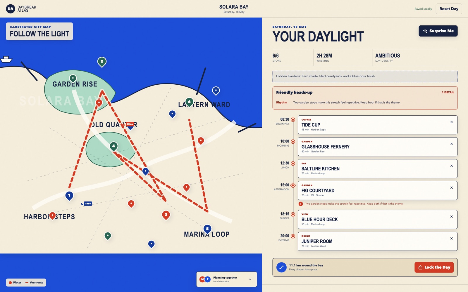 Day trip planner with an illustrated city map, place library and day plan