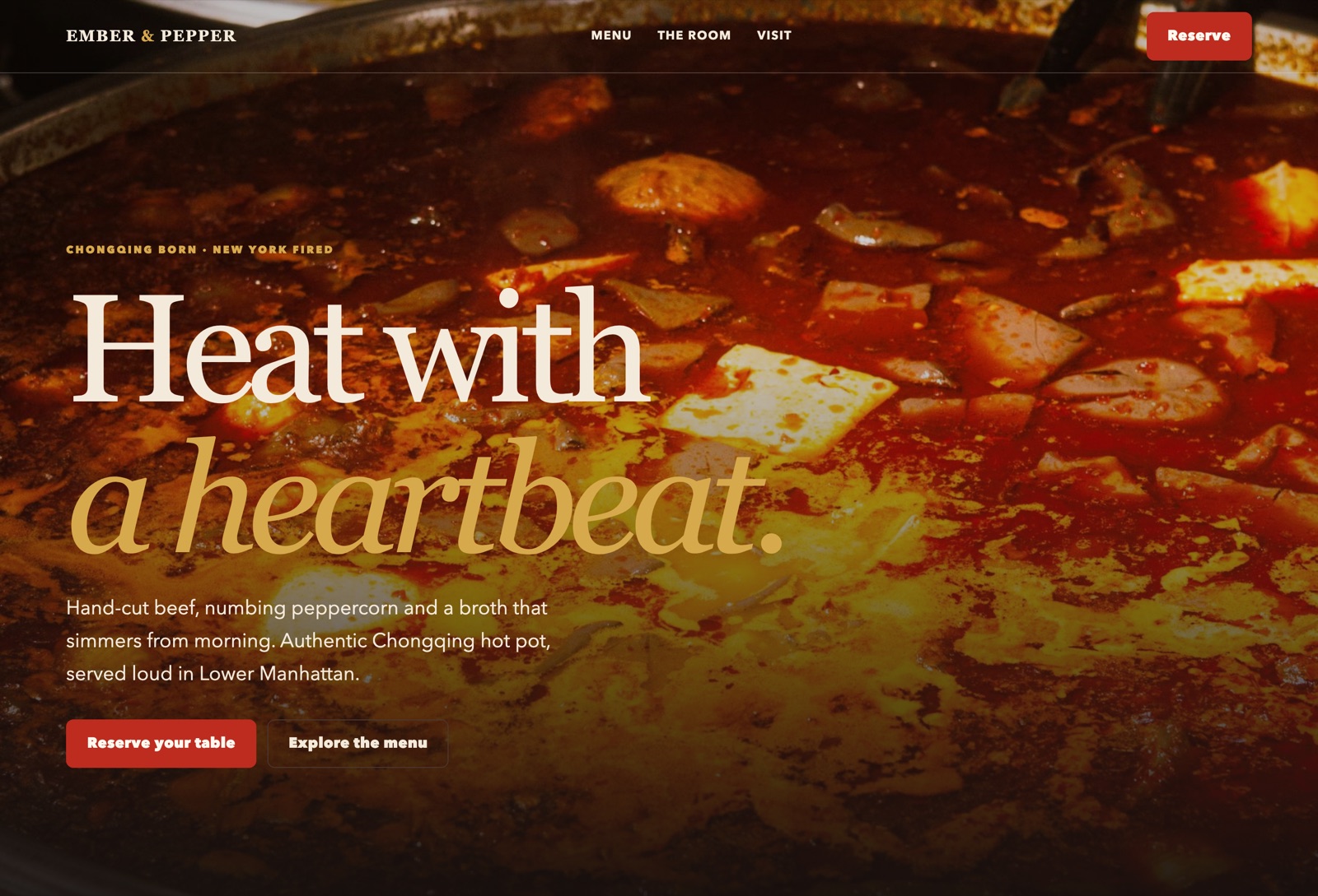 Ember and Pepper restaurant website introduction with menu and booking