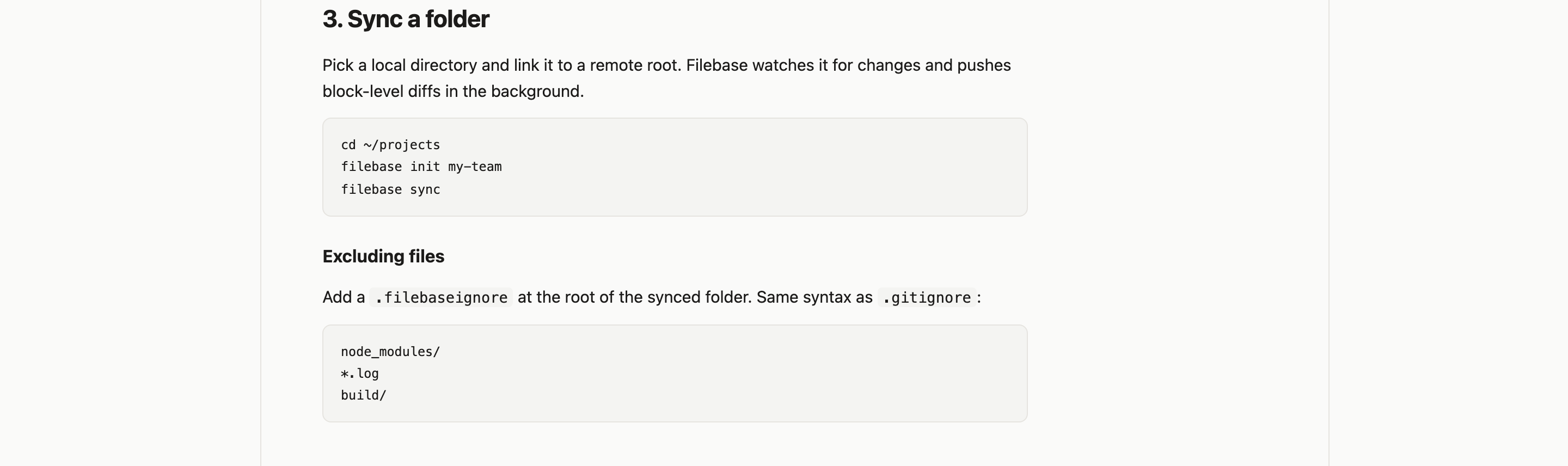 The sync section pairs the folder commands with a separate .filebaseignore example containing node_modules/, *.log, and build/.
