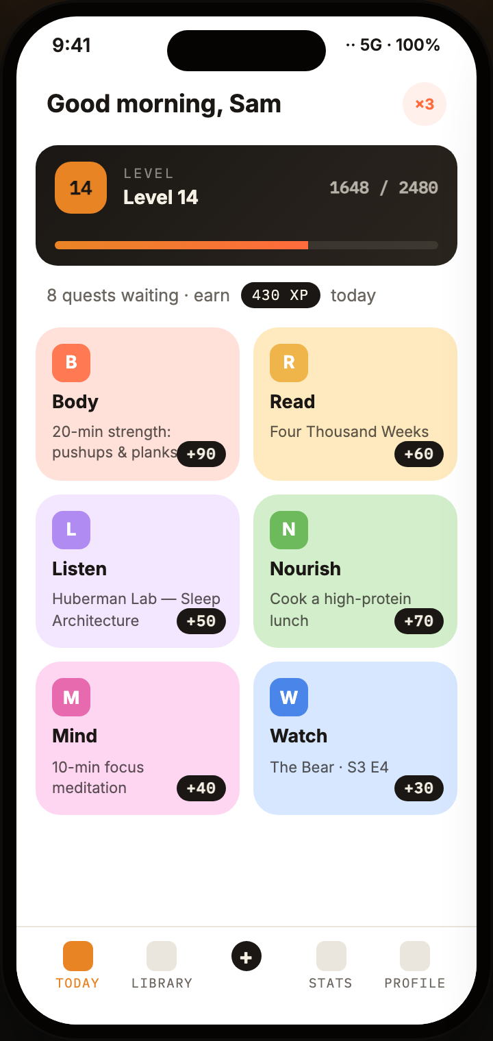 Level daily quest screen with a dark sample XP progress panel, six pastel category cards and five bottom-navigation positions including a central plus control.