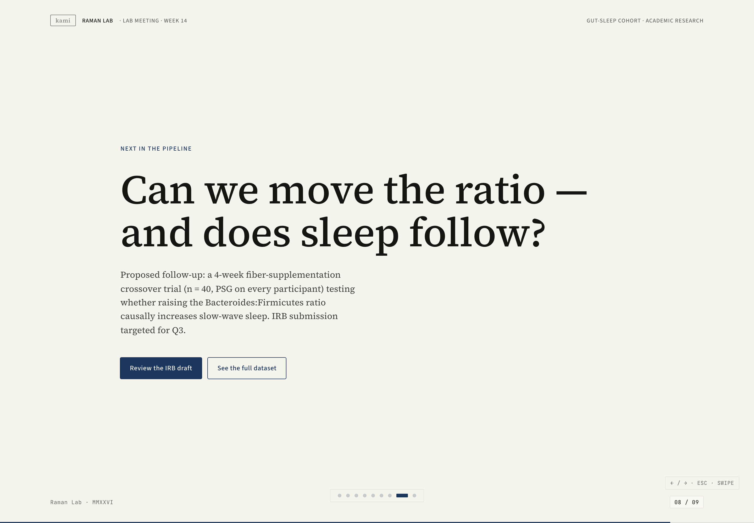 Cream follow-up slide with a bold research question, supporting text and two small action buttons.