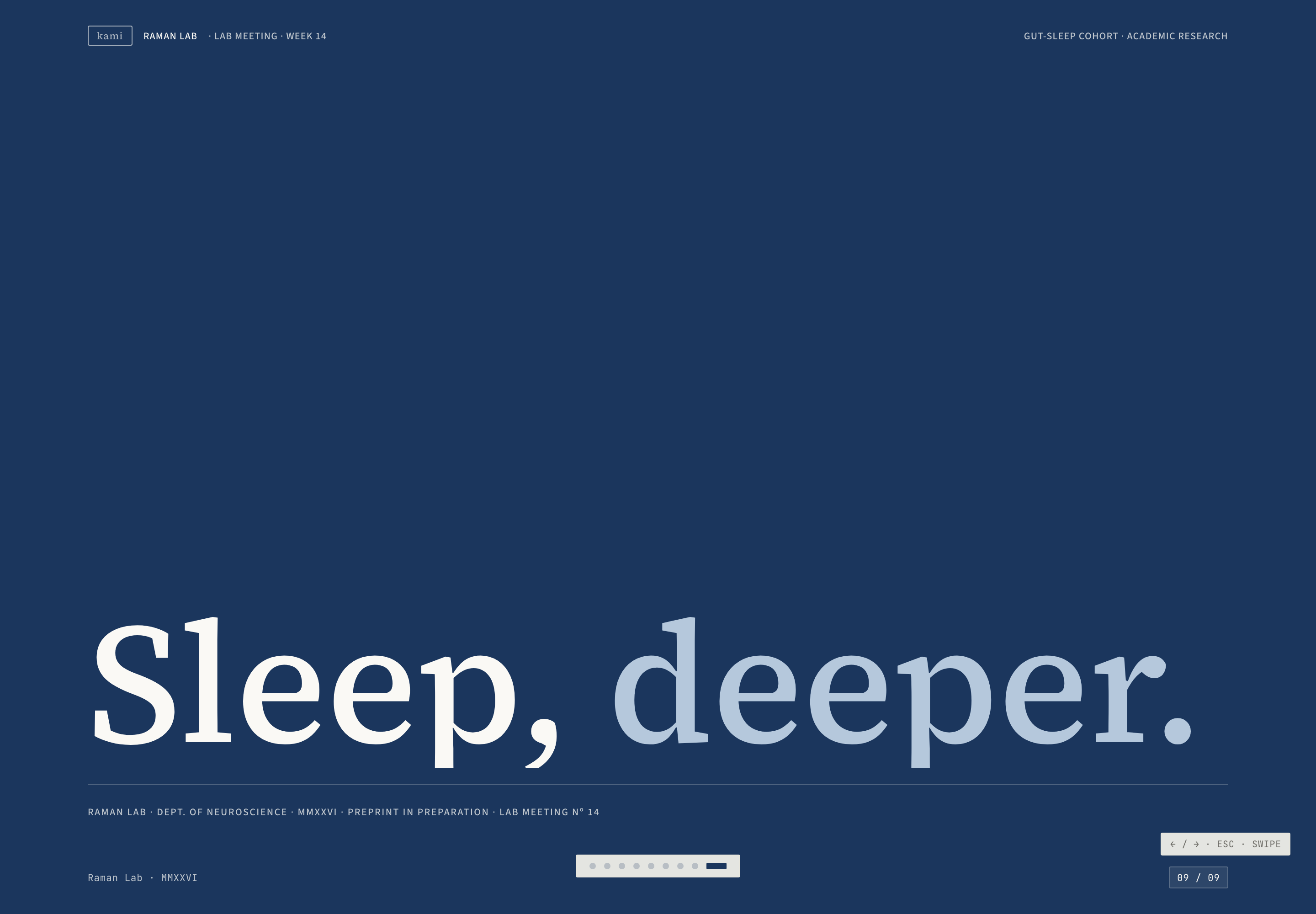 Deep-blue closing slide with large pale serif typography and small presentation controls along the bottom.