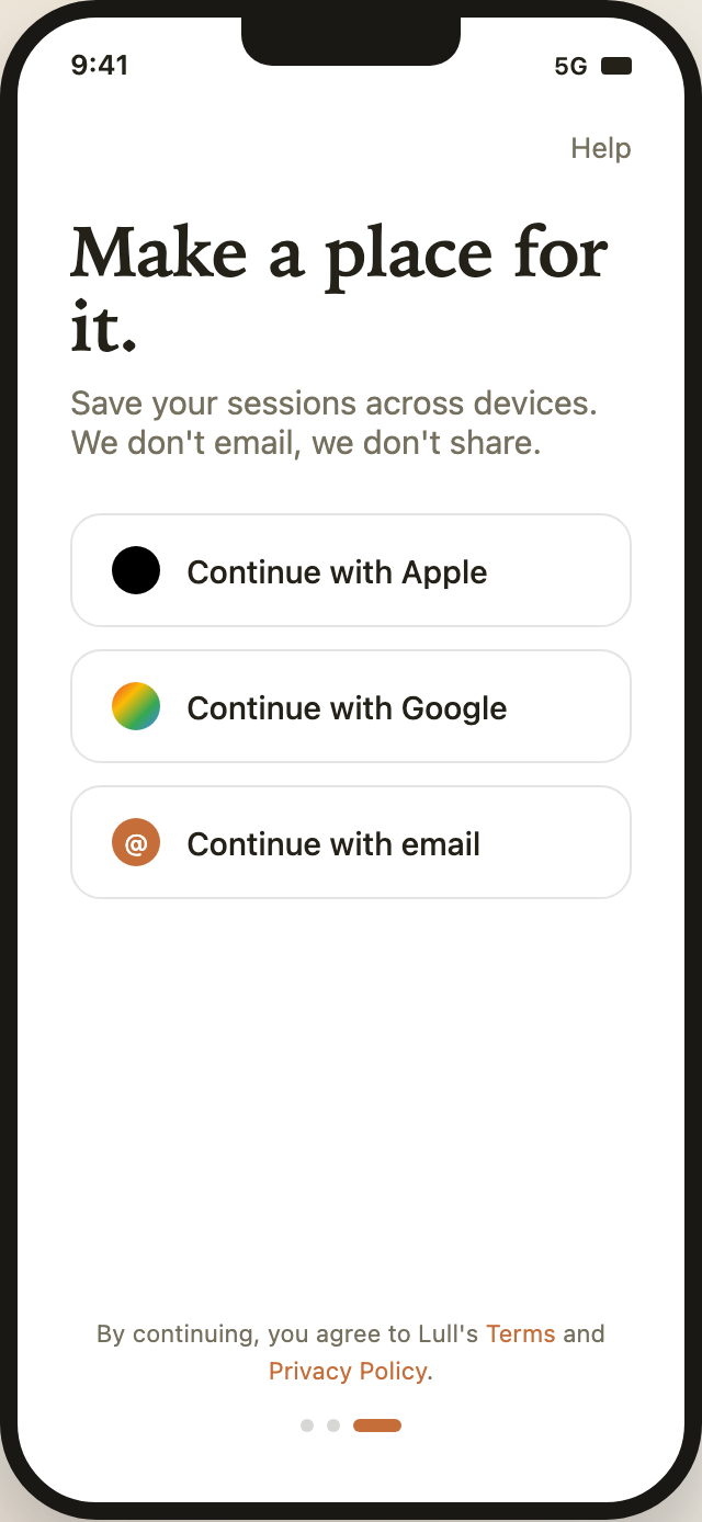 The final Lull screen changes from illustration-led onboarding to three account rows, consent copy, and the third progress mark.