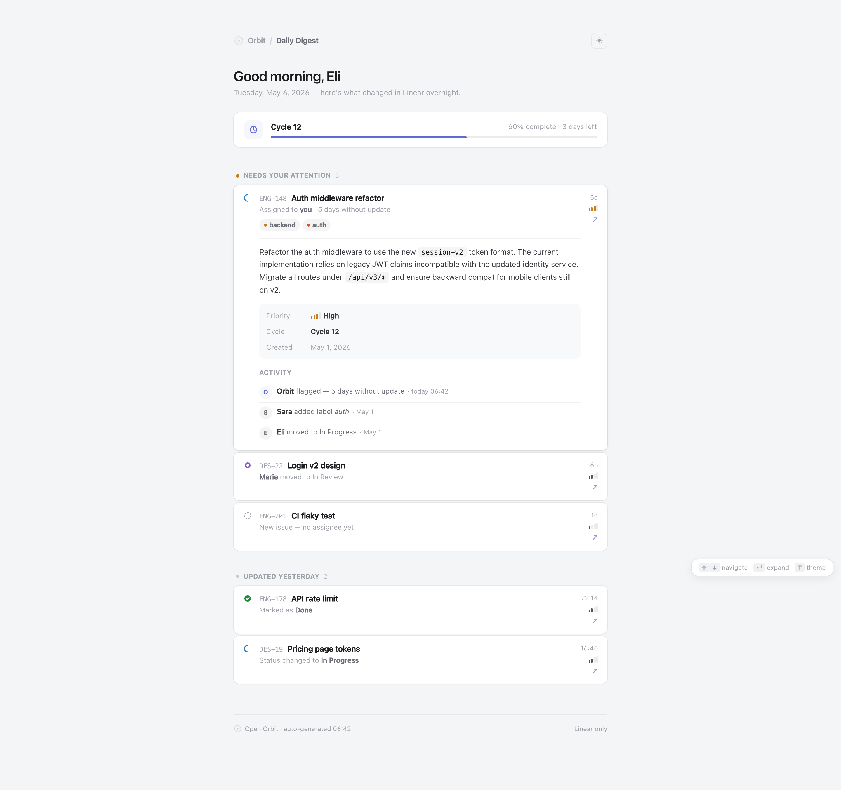 Narrow light issue briefing with a cycle-progress bar, detailed attention cards and smaller issue lists.