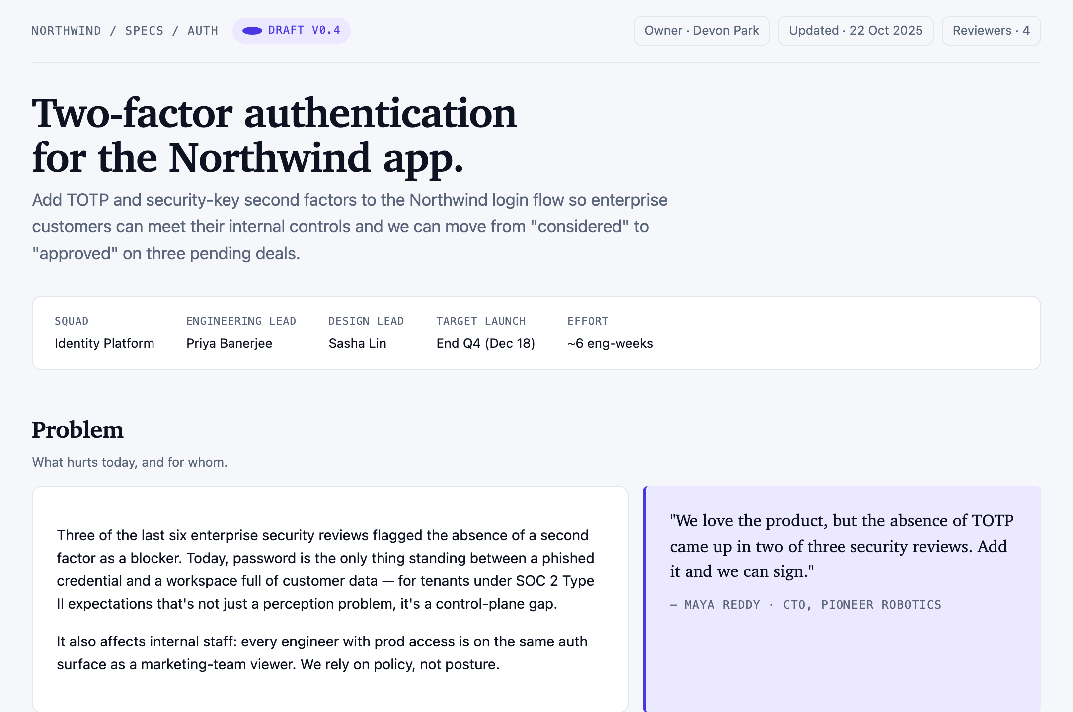 Two-factor authentication specification opening with draft status, owners, summary, squad metadata, and the problem statement.