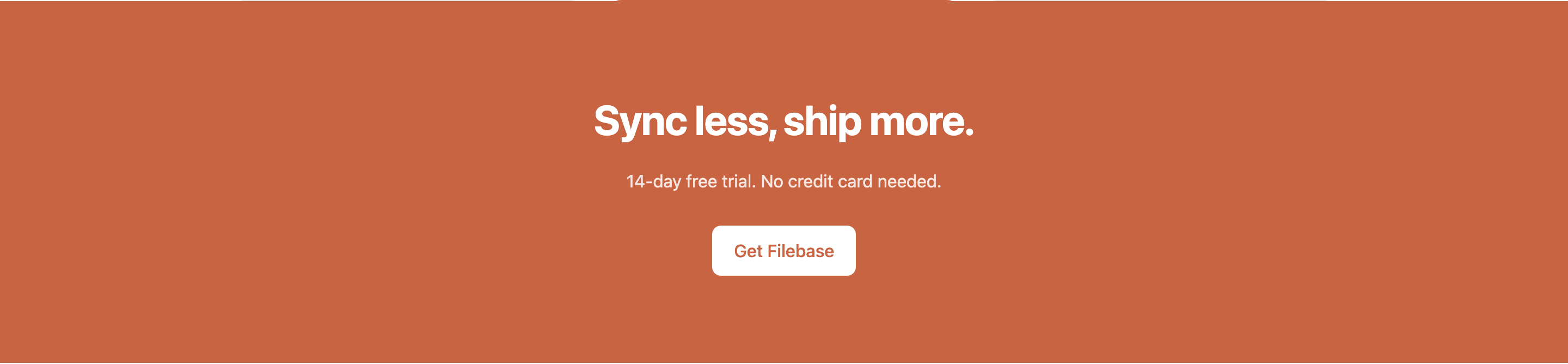 The closing orange section centers the final trial message and one white Get Filebase action.