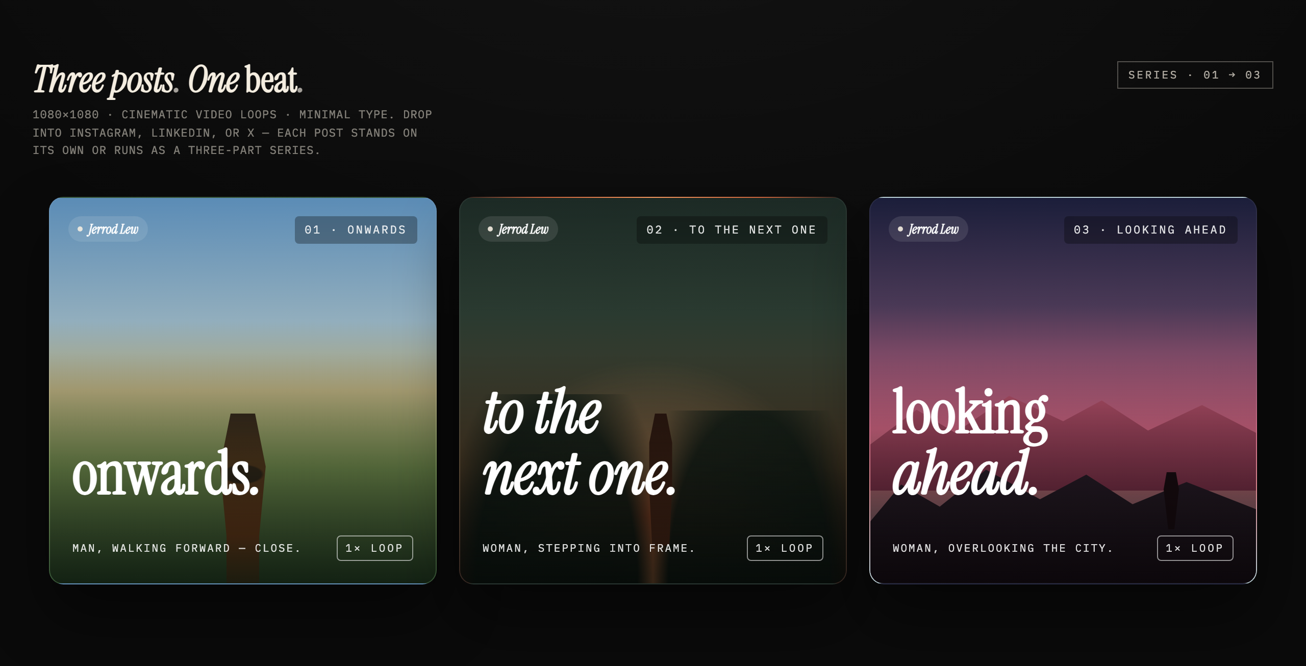 Three square social cards on a dark stage use blue-green, green-amber, and rose-violet gradients, abstract figures, numbered labels, large serif phrases, and static loop badges.