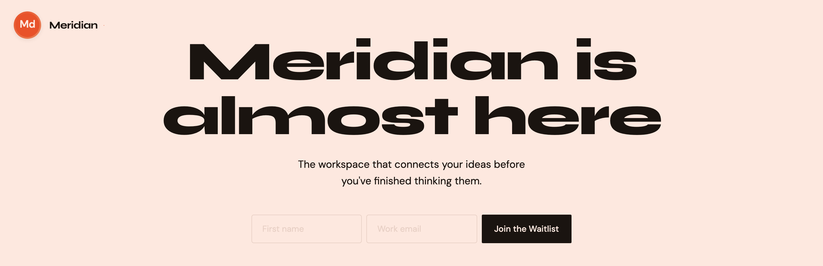 Peach waitlist landing hero with a small circular brand mark, a large black headline and an inline email form.
