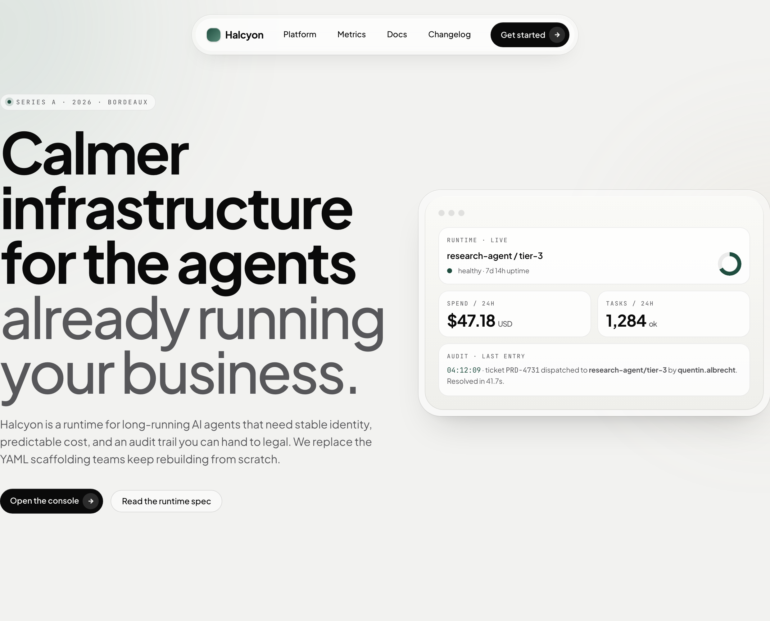 Pale AI-infrastructure hero with a large mixed-weight headline and a rounded runtime mockup showing sample status, spend, tasks and an audit entry.