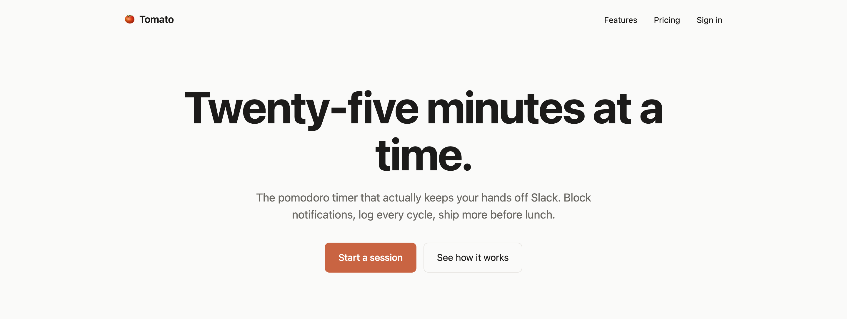 Complete Tomato website opening with a compact logo and navigation header, centered twenty-five-minute focus headline, supporting copy and rust primary action beside a light secondary button.