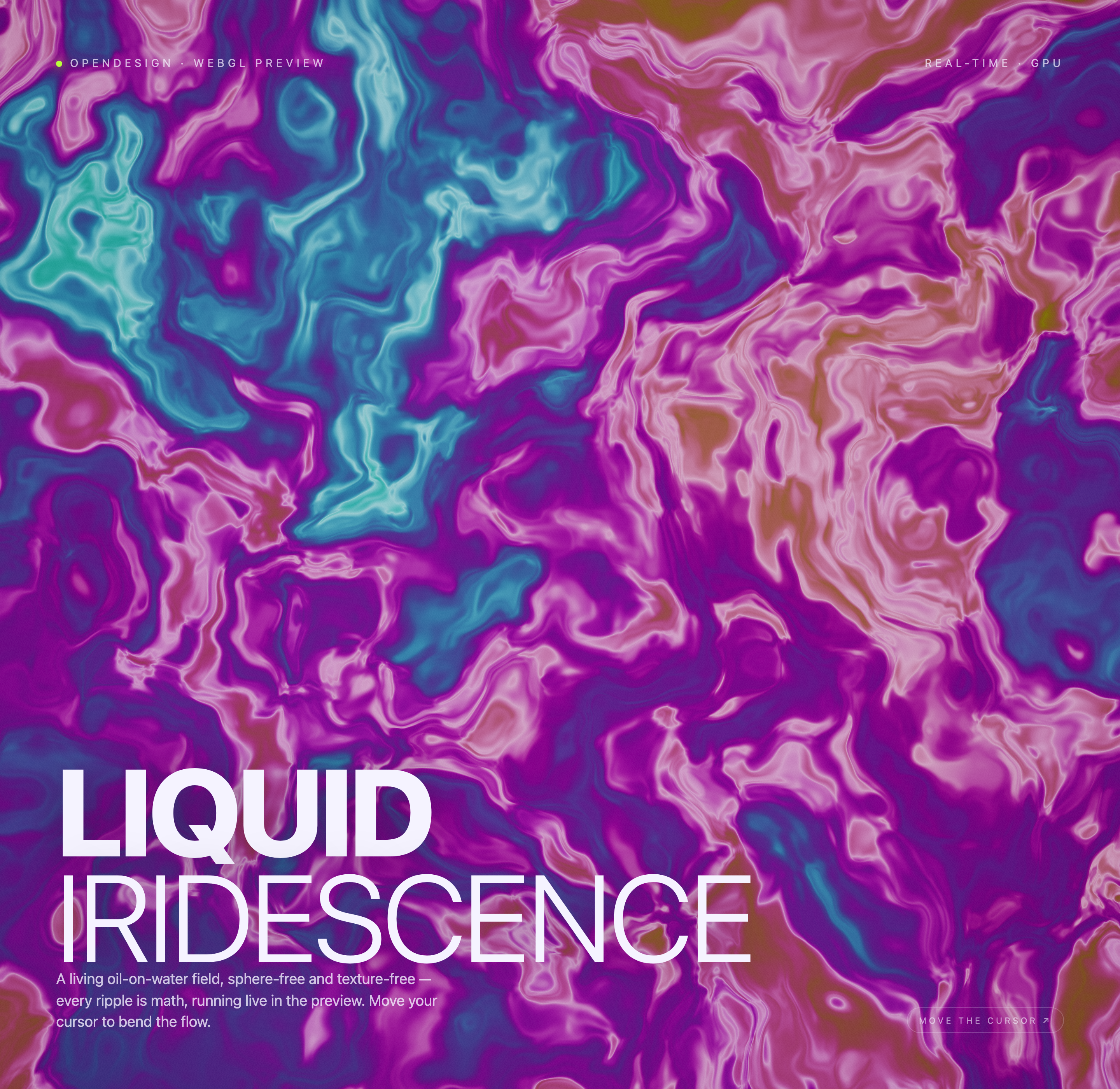 Magenta liquid contours with cyan and peach highlights behind white lower-left typography.