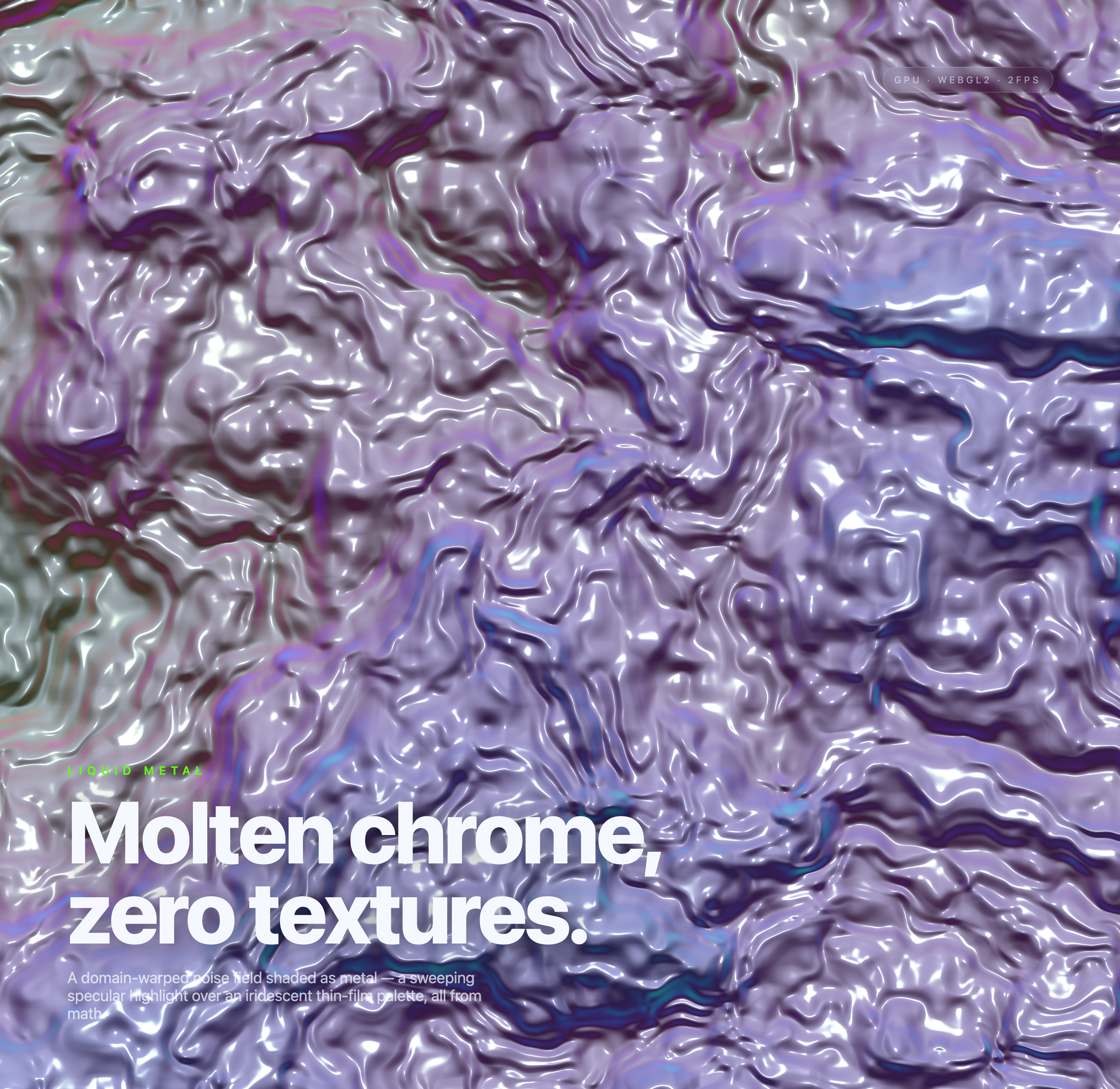 Rippling silver surface with violet reflections behind bold white lower-left typography.