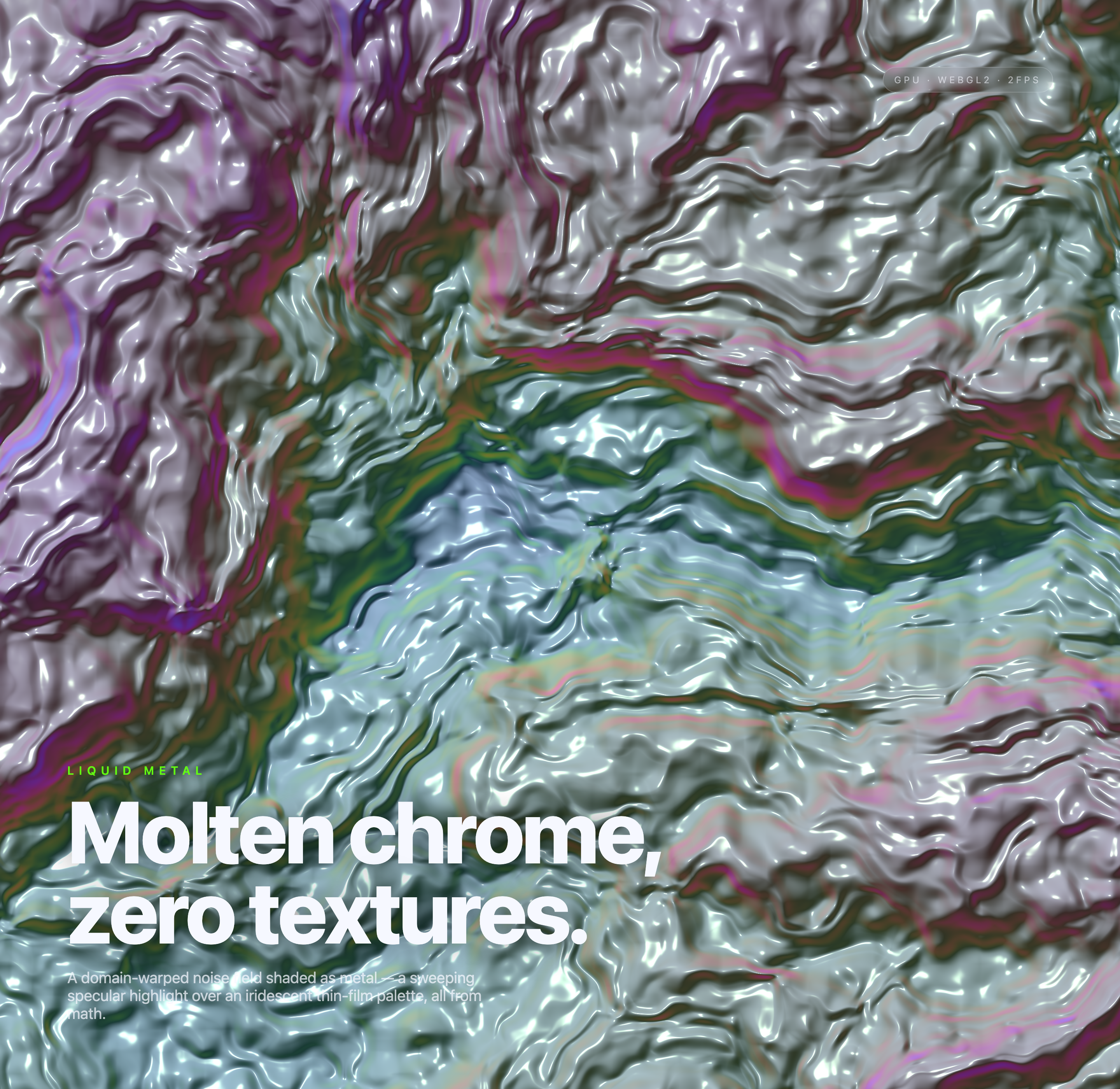 Reflective silver ripples with green and purple highlights behind the same white two-line title.