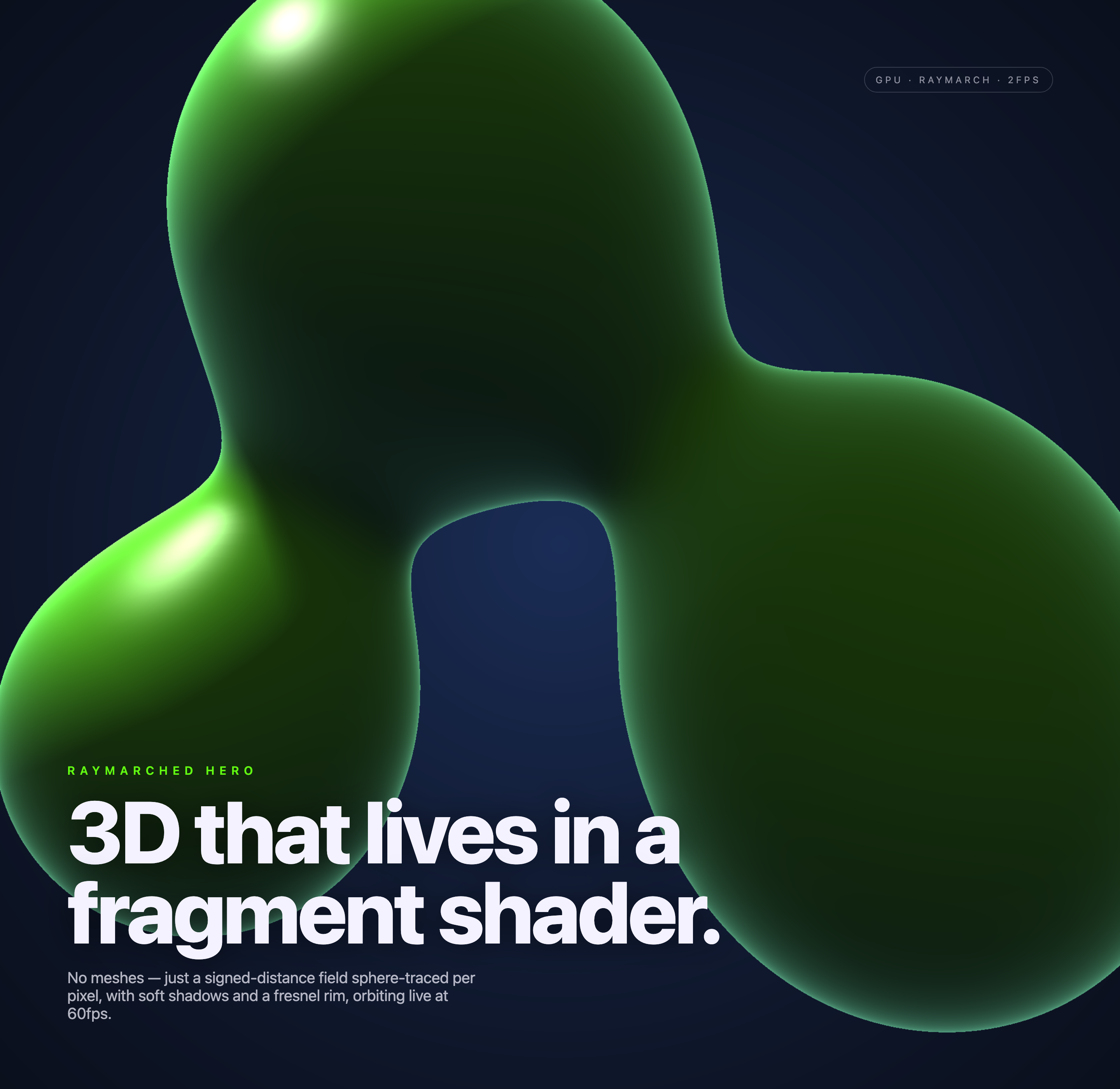 Glossy green connected rounded forms float against a dark navy background above a white title.