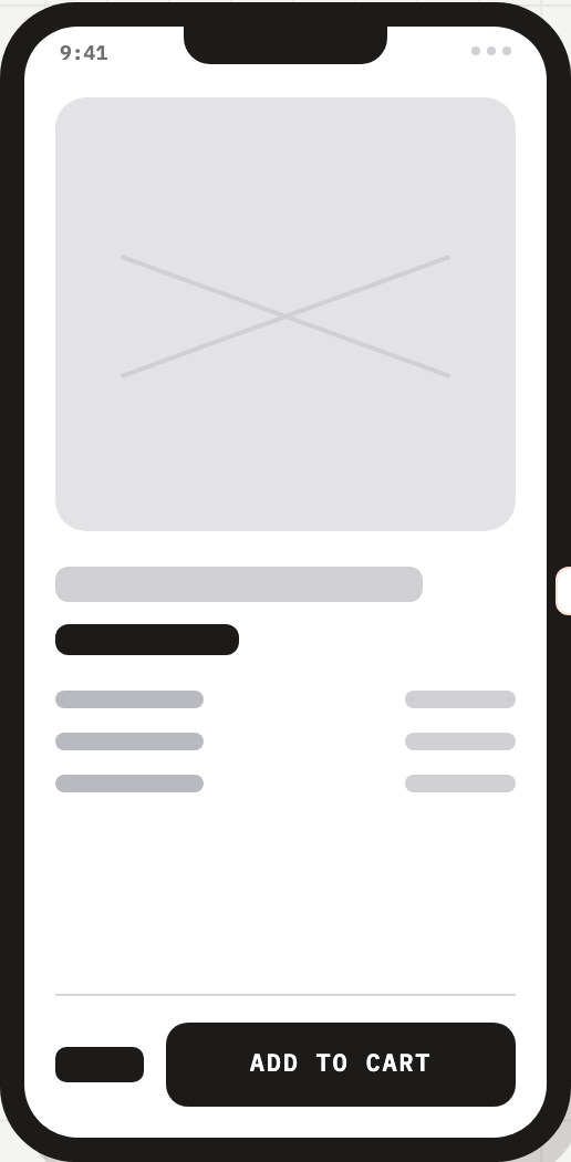 Marketplace product-detail phone wireframe with a large media placeholder, three paired specification rows, a price placeholder and an ADD TO CART label.