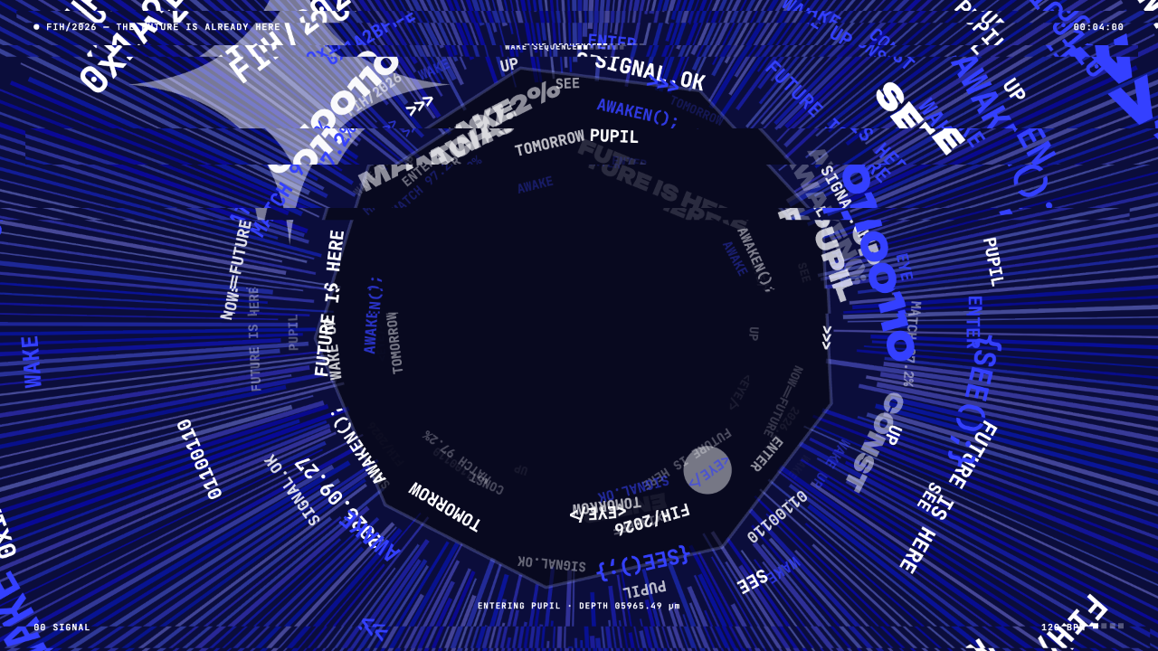 Word tunnel: rotating text fragments around a dark center, with fixed HUD labels at the edges.