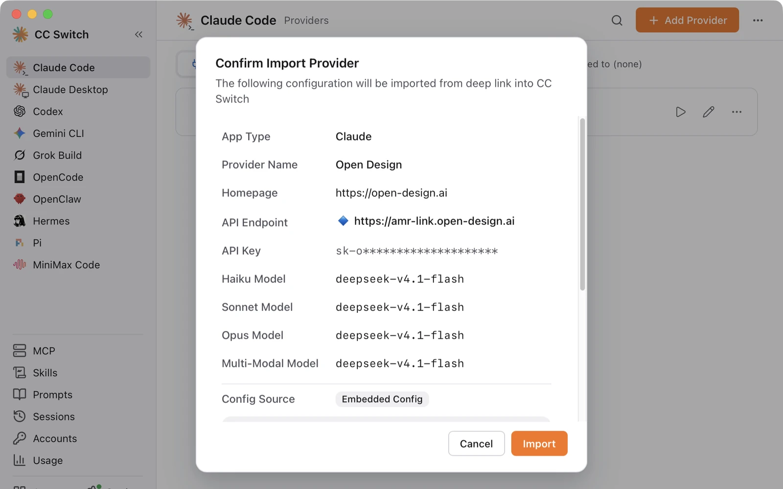 The CC Switch confirmation window showing the API endpoint, API key and models